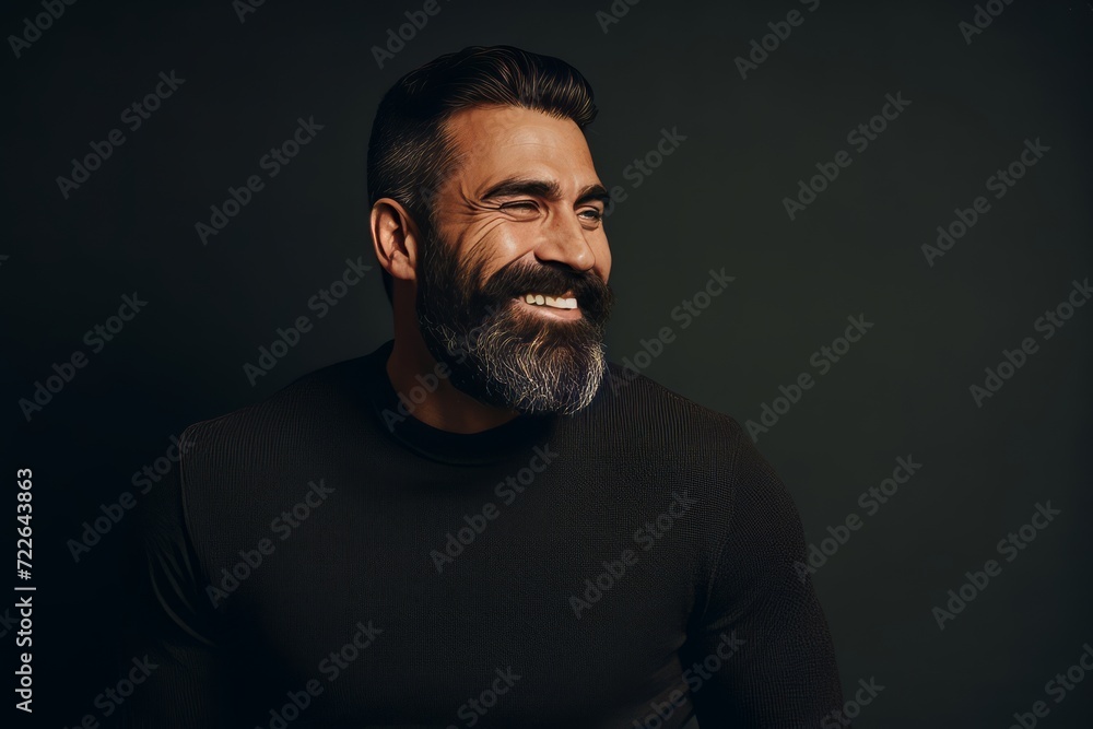 Portrait of a handsome bearded man in a black sweater on a dark background.