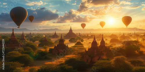 Bagan panorama with temples and hot air-ballons during sunrise photo