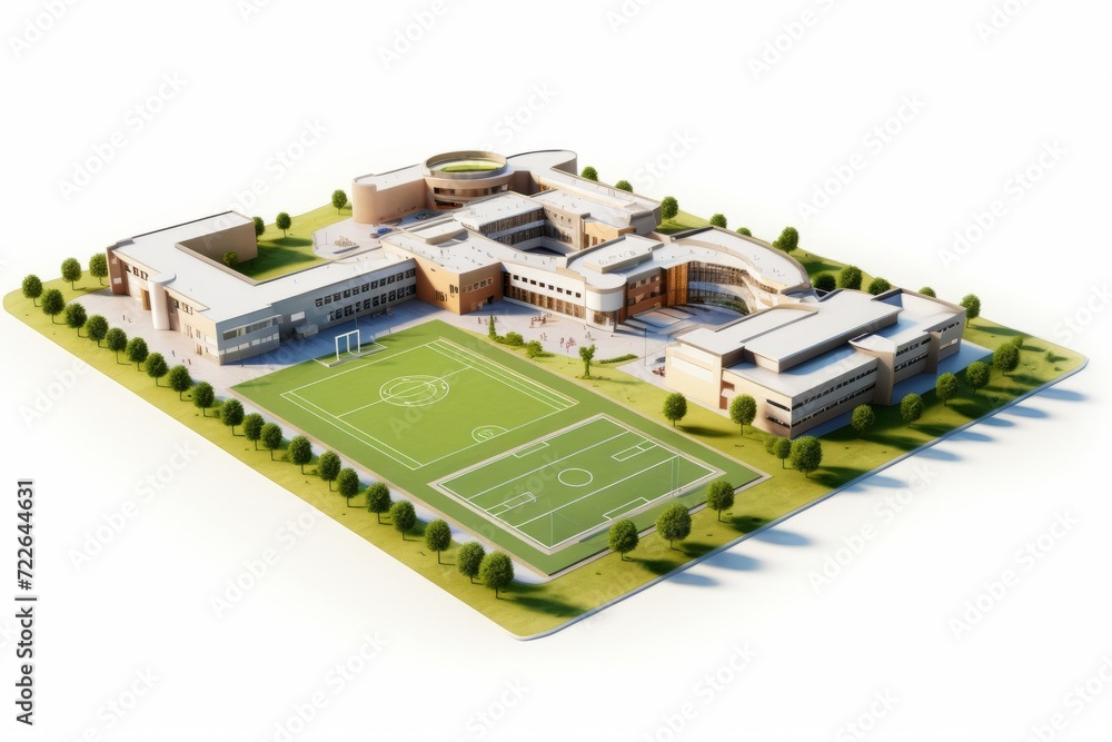 School Campus with Athletic Fields, Featuring Various Educational Buildings, on an Isolated White Background, Generative AI School Campus with Athletic Fields, Featuring Various Educational Buildings, on an Isolated White Background, Generative AI