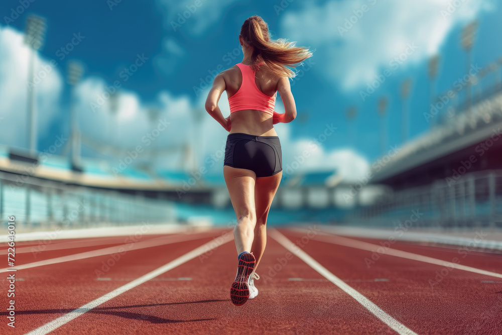 girl running, female athlete running, professional running training on stadium background