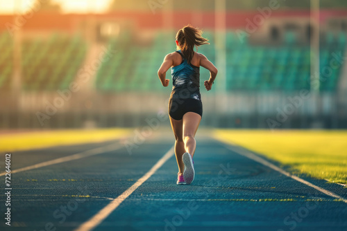 girl running, female athlete running, professional running training on stadium background