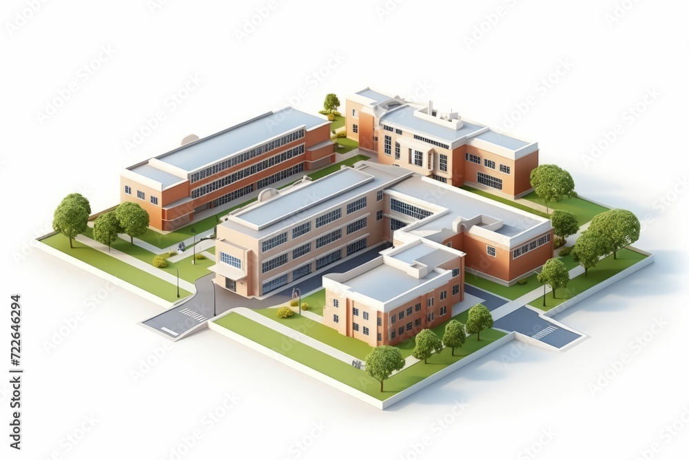 School Design, Emphasizing Academic Buildings and Landscape, on an Isolated White Background, Generative AI