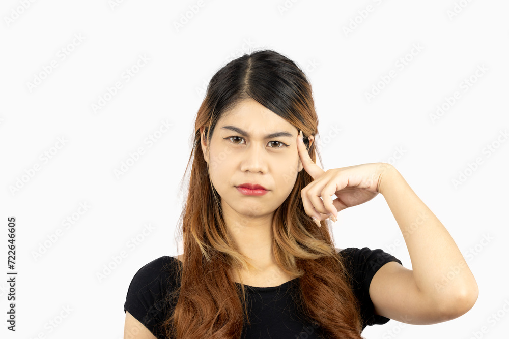 Young asian woman long hair style posing thinking and looking camera isolated on white background. Emotional concept. Young asian woman long hair style posing thinking and looking camera isolated on white background. Emotional concept.