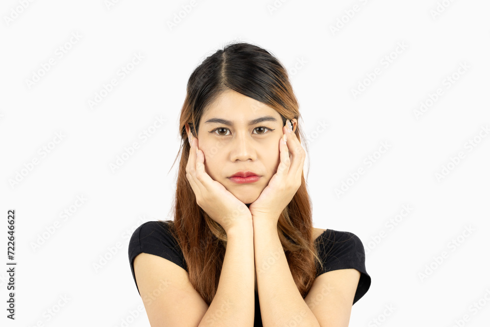 Young asian woman long hair style posing bore emotional face isolated on white background. Young asian woman long hair style posing bore emotional face isolated on white background.