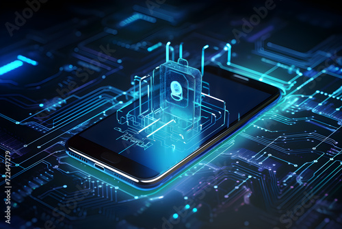 Cyber security illustration of smart phone, padlock futuristic microchip processor, protecting business and financial data.