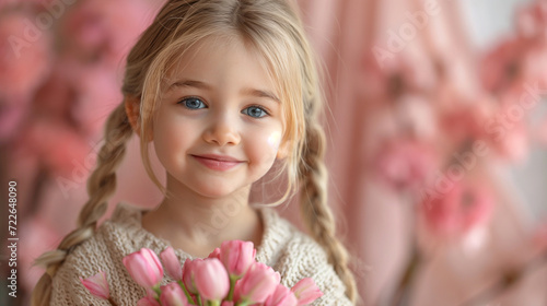A young blonde girl with braided hair and bright blue eyes holding a bunch of pink tulips, evoking a springtime mood. 