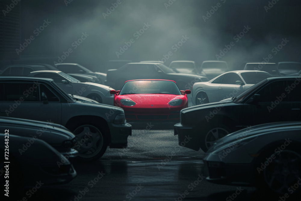 a red car among grey cars .marketing concept. AI generative