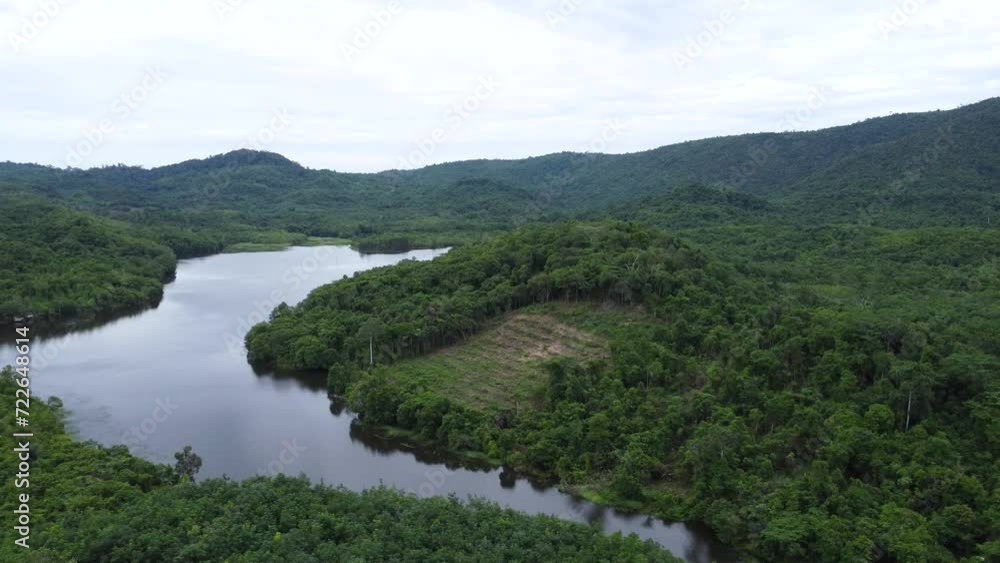 Aerial view of the lake in the mountainous area of South Kalimantan located in Sungai Dua village Aerial view of the lake in the mountainous area of South Kalimantan located in Sungai Dua village