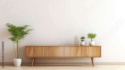 Wood Console Cabinet Contemporary Modern Foyer Living Room and plant vase