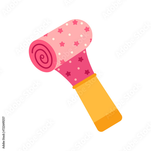 Party whistle vector icon. A colorful toy for blowing and making noise for a birthday, carnival, event. Pink accessory with stars, polka dots. Funny holiday surprise for kids. Flat cartoon clipart