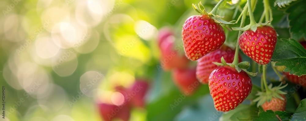 Close-up of strawberries on branch with dew drops Close-up of strawberries on branch with dew drops