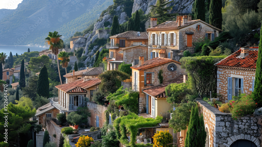 A picturesque Mediterranean village nestled amidst green hills, featuring medieval architecture, old houses, a charming church, and a majestic castle overlooking the serene sea