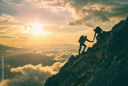 Hiker helping friend reach the mountain top photo