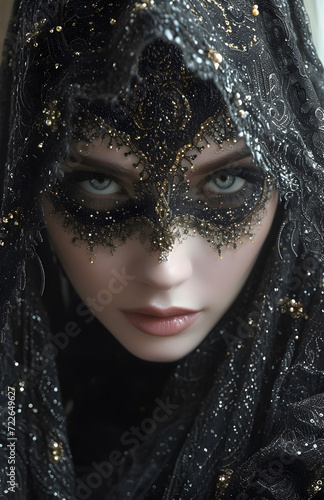 Mystique Veiled Gaze: A Portrait of Enchantment and Sophistication. Ideal for Fashion and Fantasy Themed Imagery