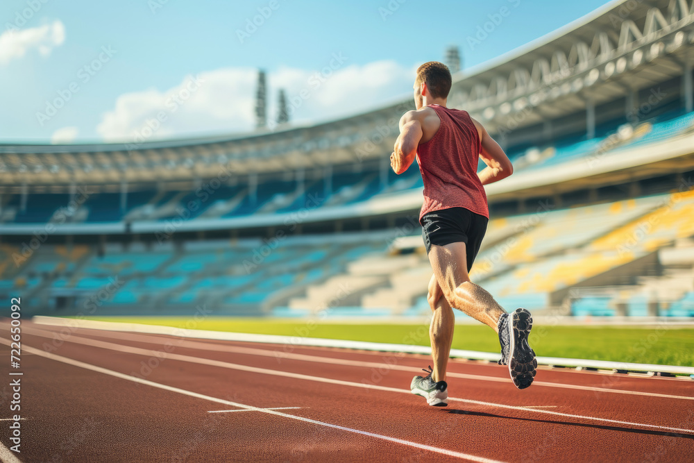 man running, male athlete running, professional running training on stadium background