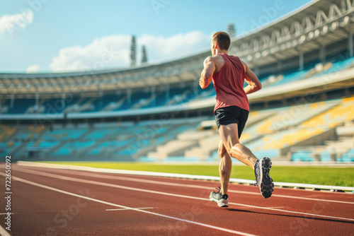 man running, male athlete running, professional running training on stadium background