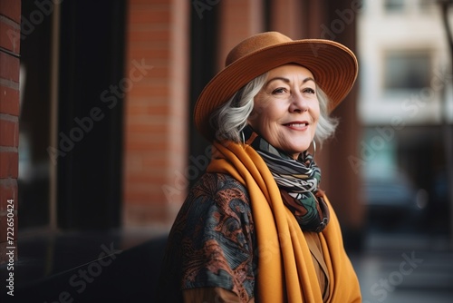 Portrait of smiling senior woman in hat and scarf walking on street