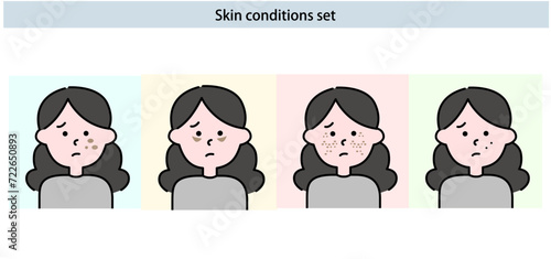 Skin conditions set シミ, 肝斑, ほくろ, 色素沈着, ベクター, 女性, 肌の悩み, 様々な悩み, 美容皮膚, manga, イラスト, 女, ビジネス, 人, デザイン, キャラクター, 人々