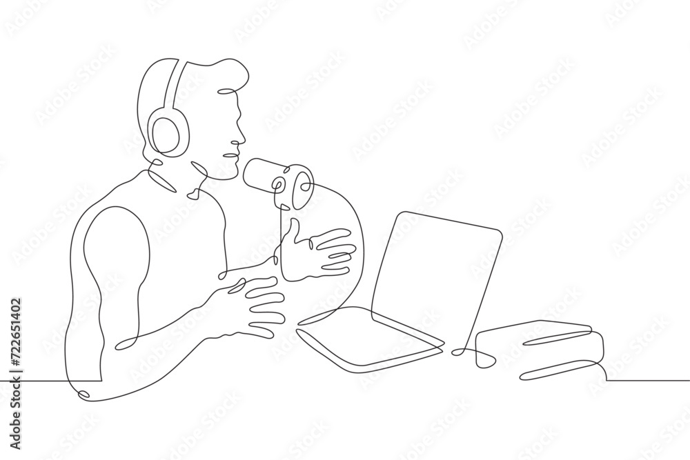 A man records a podcast. A man reads a text into a microphone. A boy works on a laptop. One continuous line drawing. Linear. Hand drawn, white background. One line