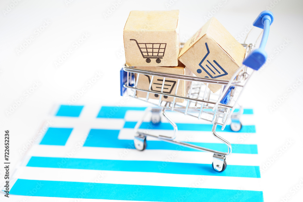 Online shopping, Shopping cart box on Greece flag, import export, finance commerce.