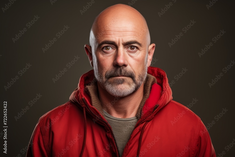 Portrait of a senior man with beard wearing a red hoodie. Portrait of a senior man with beard wearing a red hoodie.