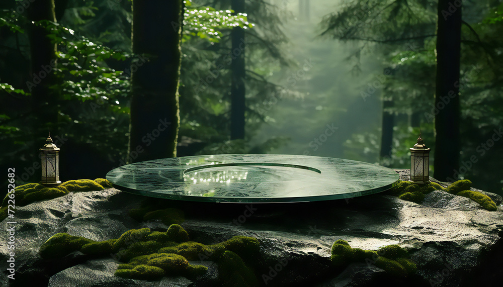 Glass Podium on a stone in jungle background Glass Podium on a stone in jungle background