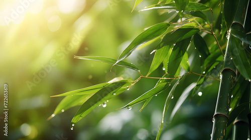 natural bamboo leaves with bokeh spring lights background
