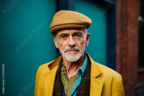 Portrait of an elderly man in a yellow coat and a hat.
