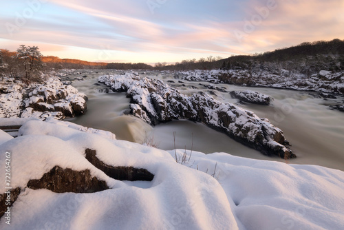 A beautiful, pastel sunrise over Great Falls Park along the Potomac River in Northern Virginia.