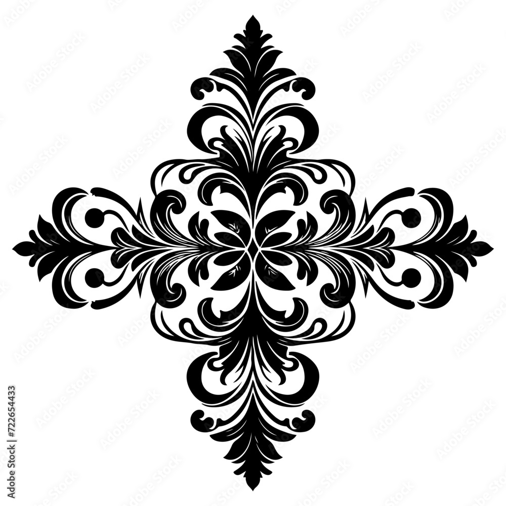 Hand drawn black damask line Vintage carved calligraphic Swirls, Badges. Corners Decorative Ornate Flourishes Elements border frame vector