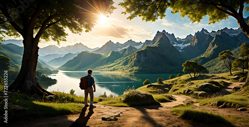 A tourist with a backpack looks at the sunrise. Traveler on a hike. Sunny summer day in the mountains. Beautiful forest landscape. Mountain Lake.