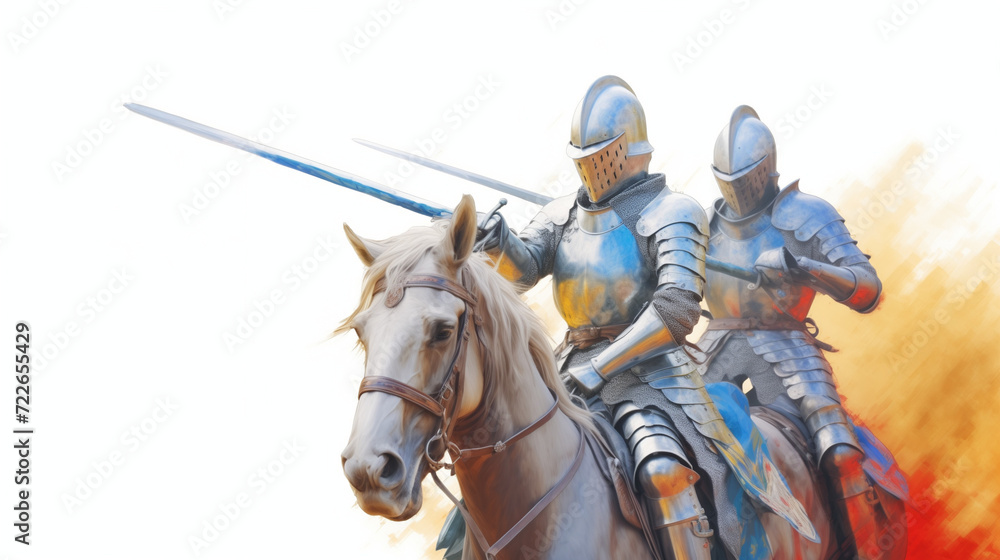 The spectacle of knights jousting in full armor at the medieval festival of Provins, France water color, cartoon, hand drawing, animation 3D, vibrant, minimalist style. ai generated.
