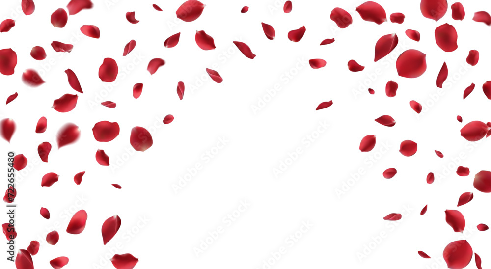 Valentine's day Vector red symbols of love border for romantic banner or Red rose petals will fall on abstract floral background with gorgeous rose greeting card design. on transparent background Valentine's day Vector red symbols of love border for romantic banner or Red rose petals will fall on abstract floral background with gorgeous rose greeting card design. on transparent background