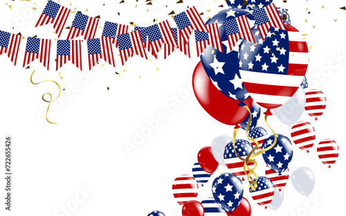 USA Independence day poster with air balloons and with a garland from American flags. American Memorial Day celebration poster, vector illustration