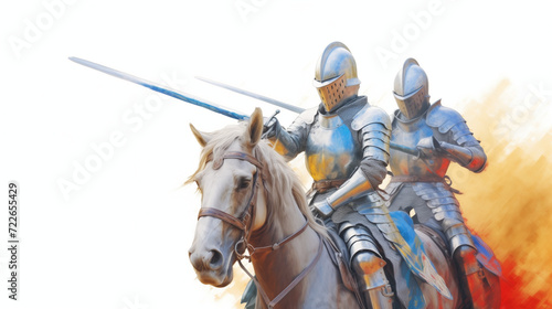 The spectacle of knights jousting in full armor at the medieval festival of Provins, France water color, cartoon, hand drawing, animation 3D, vibrant, minimalist style. ai generated.