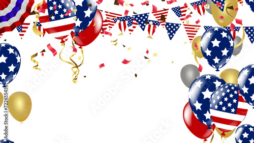 USA Independence day poster with air balloons and with a garland from American flags. American Memorial Day celebration poster, vector illustration