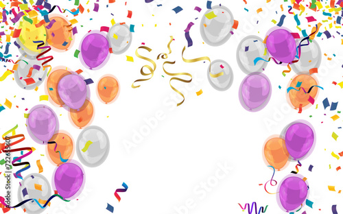 Birthday background with colorful balloons and confetti. Vector illustration.