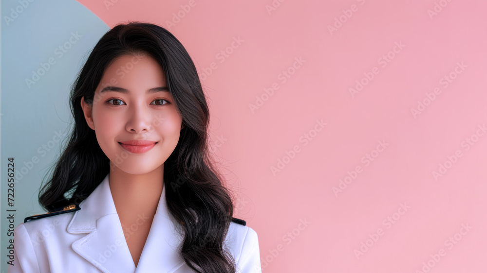 Malay woman in cruise ship staff uniform isolated on pastel background Malay woman in cruise ship staff uniform isolated on pastel background