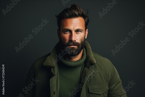 Handsome bearded man in a green jacket and scarf on a dark background.