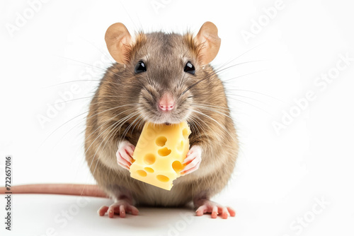 Rat holding cheese, isolated on white background