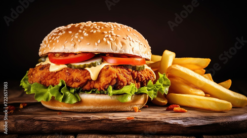 Close up on crispy chicken burger with lettuce and tomato.