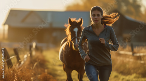 woman running with horse on farm road, barn background