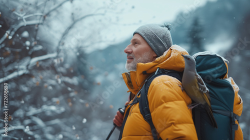 middle-aged man hiking with bird on snowy mountain trail