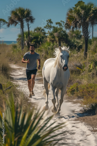 man jogging with white horse on savannah trail