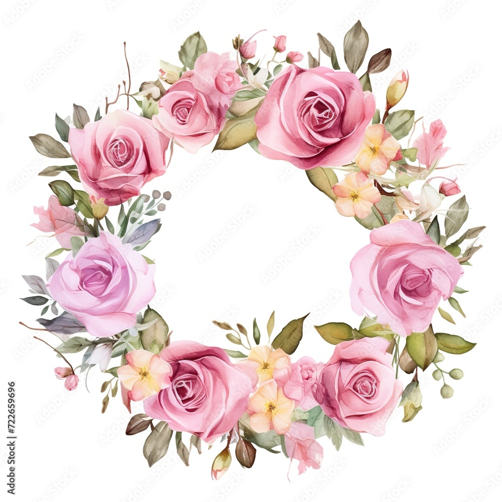Watercolor circular pink roses, beautiful, aesthetic, elegant, on a white background