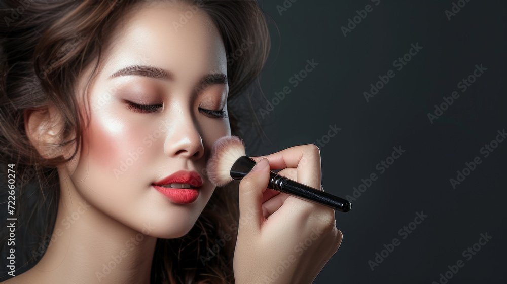 Obraz premium Makeup artist applies Makeup artist applies applies powder and blush . Beautiful Asian Woman face. Hand of make-up master puts blush on cheeks beauty model girl . Make up in process . Beautiful woman