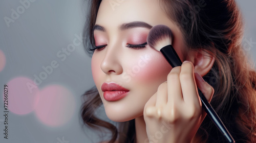 Makeup artist applies Makeup artist applies applies powder and blush . Beautiful Asian Woman face. Hand of make-up master puts blush on cheeks beauty model girl . Make up in process . Beautiful woman photo