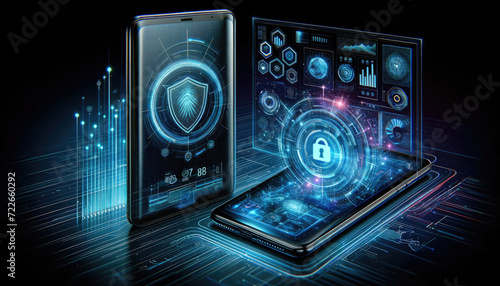 Smartphone displaying a digital padlock with futuristic holographic security interface, emphasizing advanced data protection.