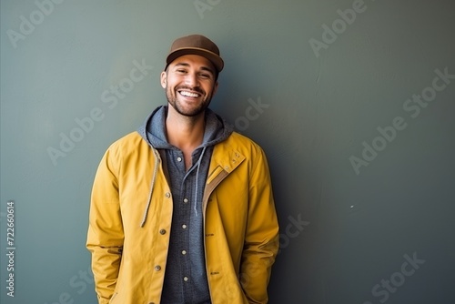 Portrait of a smiling young man with cap leaning against grey wall