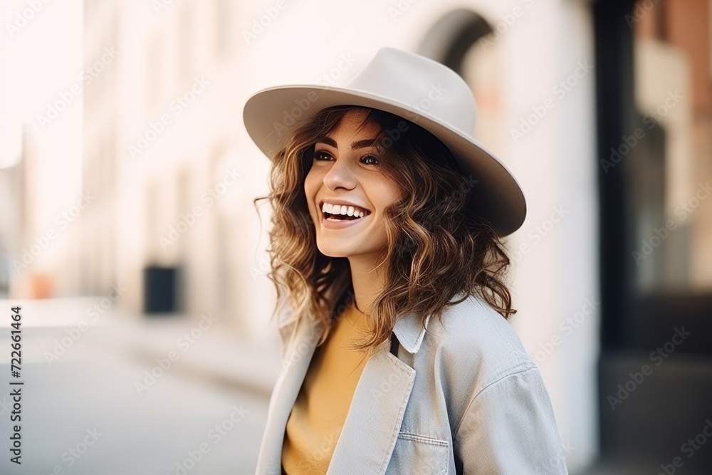 Portrait of a happy young woman in hat smiling on the street Portrait of a happy young woman in hat smiling on the street